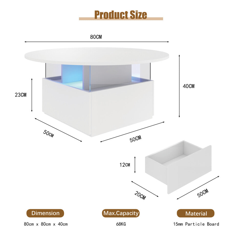 White round LED coffee table dimensions: 80cm diameter, 40cm high, 68kg capacity