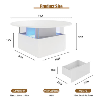 White round LED coffee table dimensions: 80cm diameter, 40cm high, 68kg capacity