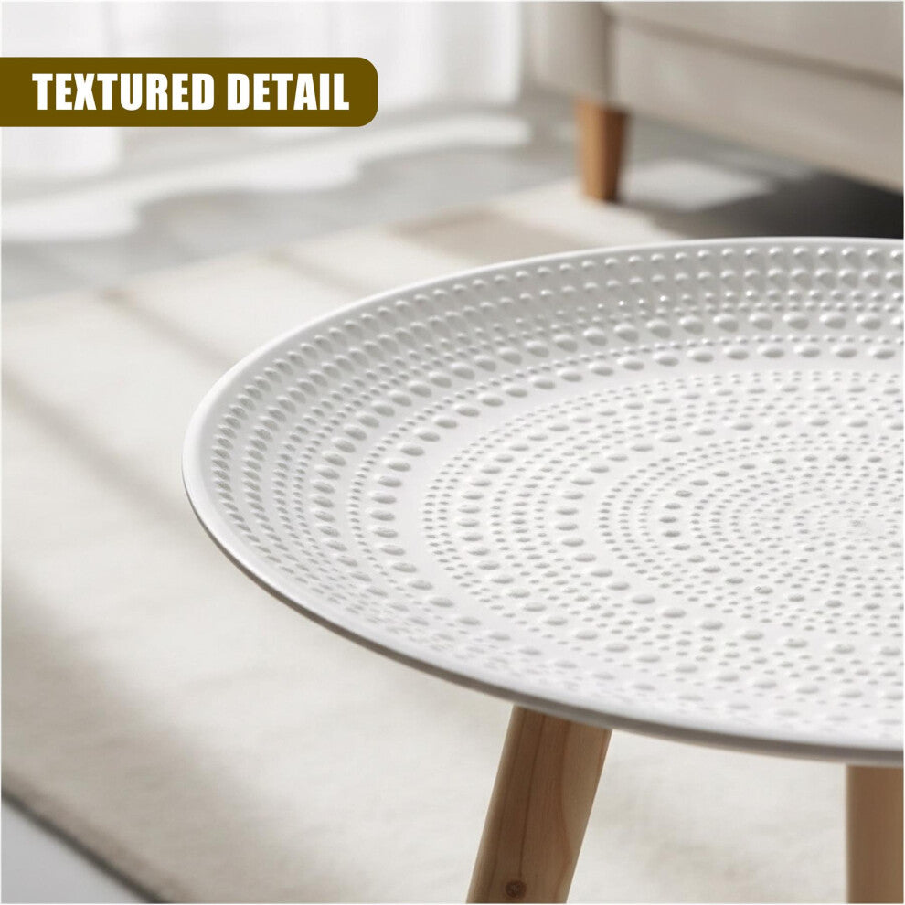 Close-up of the embossed dotted pattern and raised rim on the white round tray table top