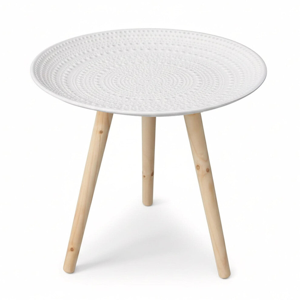 White round tray table with textured dot top and three natural pine-look legs on a white background