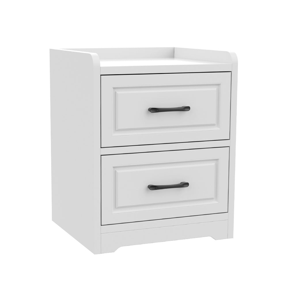 White two-drawer side table on a plain background