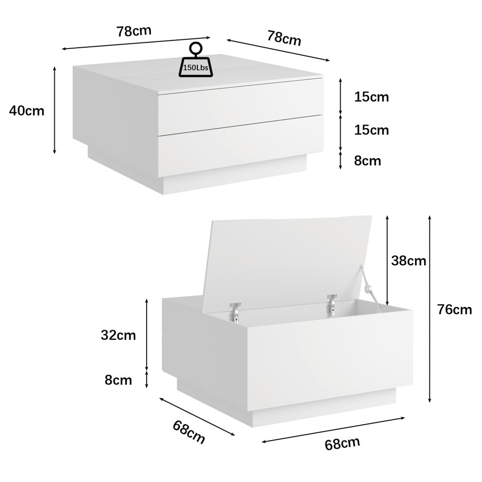 White square coffee table dimensions: 78cm x 78cm x 40cm, 76cm with lid open, 68cm inner body, 150lbs capacity