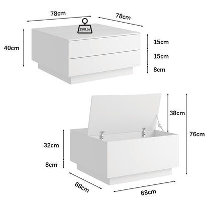 White square coffee table dimensions: 78cm x 78cm x 40cm, 76cm with lid open, 68cm inner body, 150lbs capacity