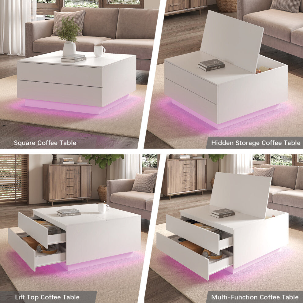 White square coffee table shown closed, with lift top raised, with drawers open and fully opened, all with pink LED base glow
