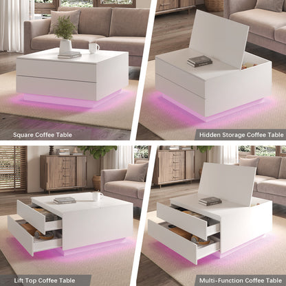 White square coffee table shown closed, with lift top raised, with drawers open and fully opened, all with pink LED base glow