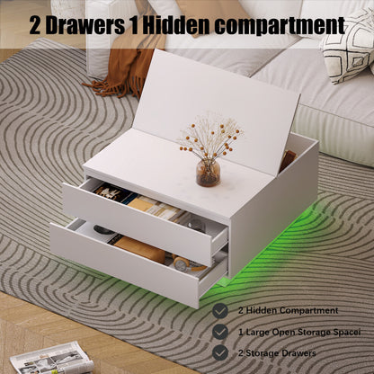 White square storage coffee table with 2 drawers and 1 hidden compartment under the lifted lid, green LED glow