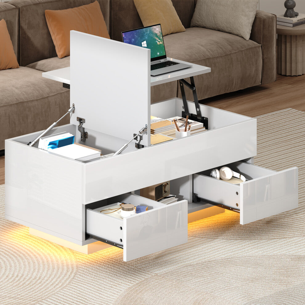 White storage coffee table with lift top raised, flip lid open and both drawers pulled out
