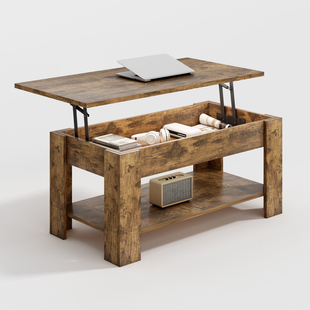 Rustic brown wood coffee table with storage, lift top raised over hidden compartment and lower shelf