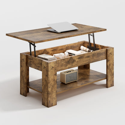 Rustic brown wood coffee table with storage, lift top raised over hidden compartment and lower shelf