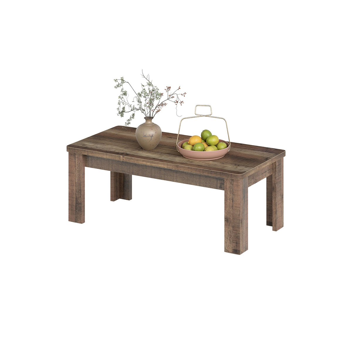Wood effect rectangular coffee table with plant and fruit basket, side view on white