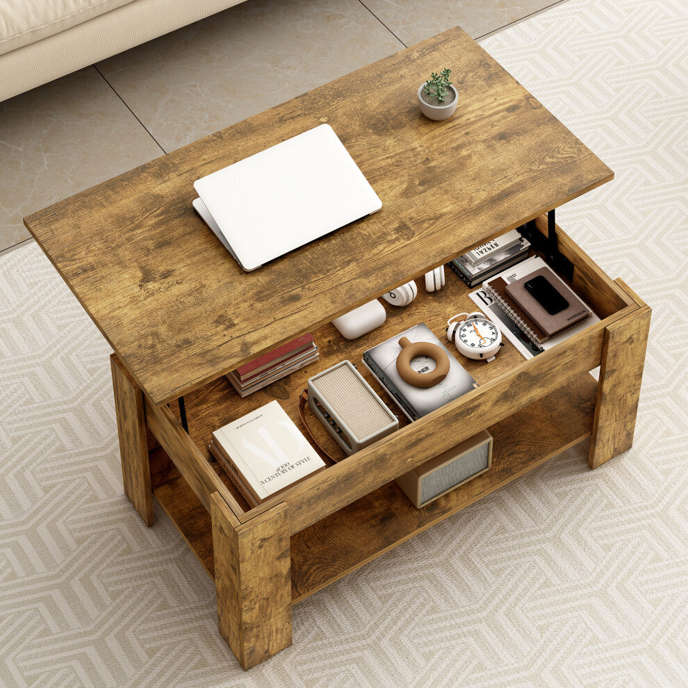Top view of wooden coffee table with storage showing books, clock and radio in the hidden compartment